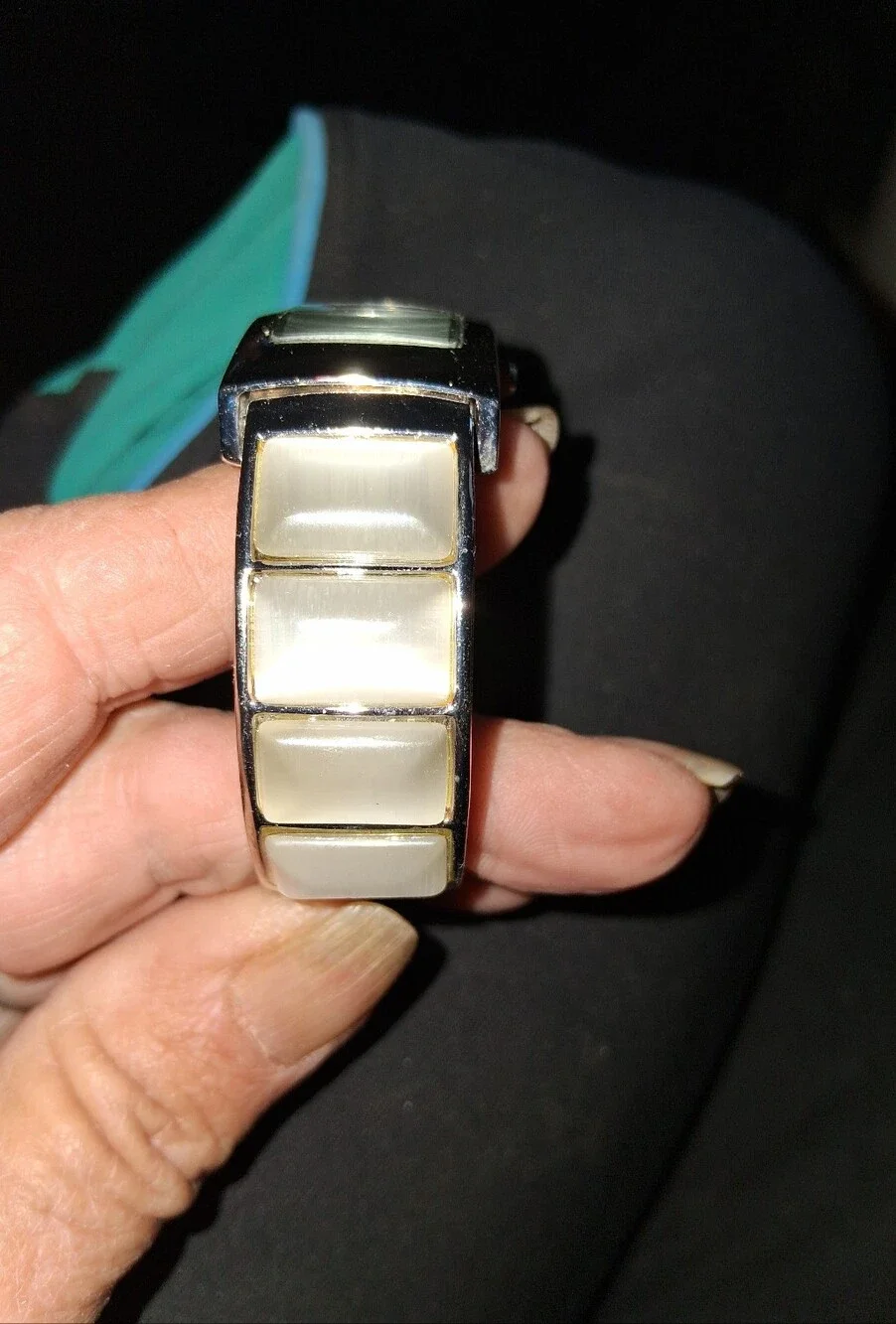 Quartz Rectangular Silver-Tone Watch with Cream Colord Stones, Bangle Style